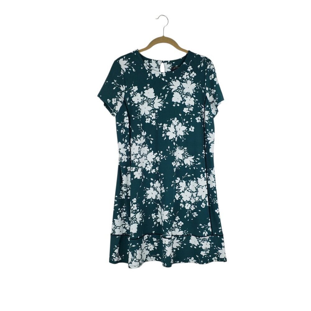 J Jill Wearever Perfect T-Shirt Dress Emerald Green Floral Swing Size SP